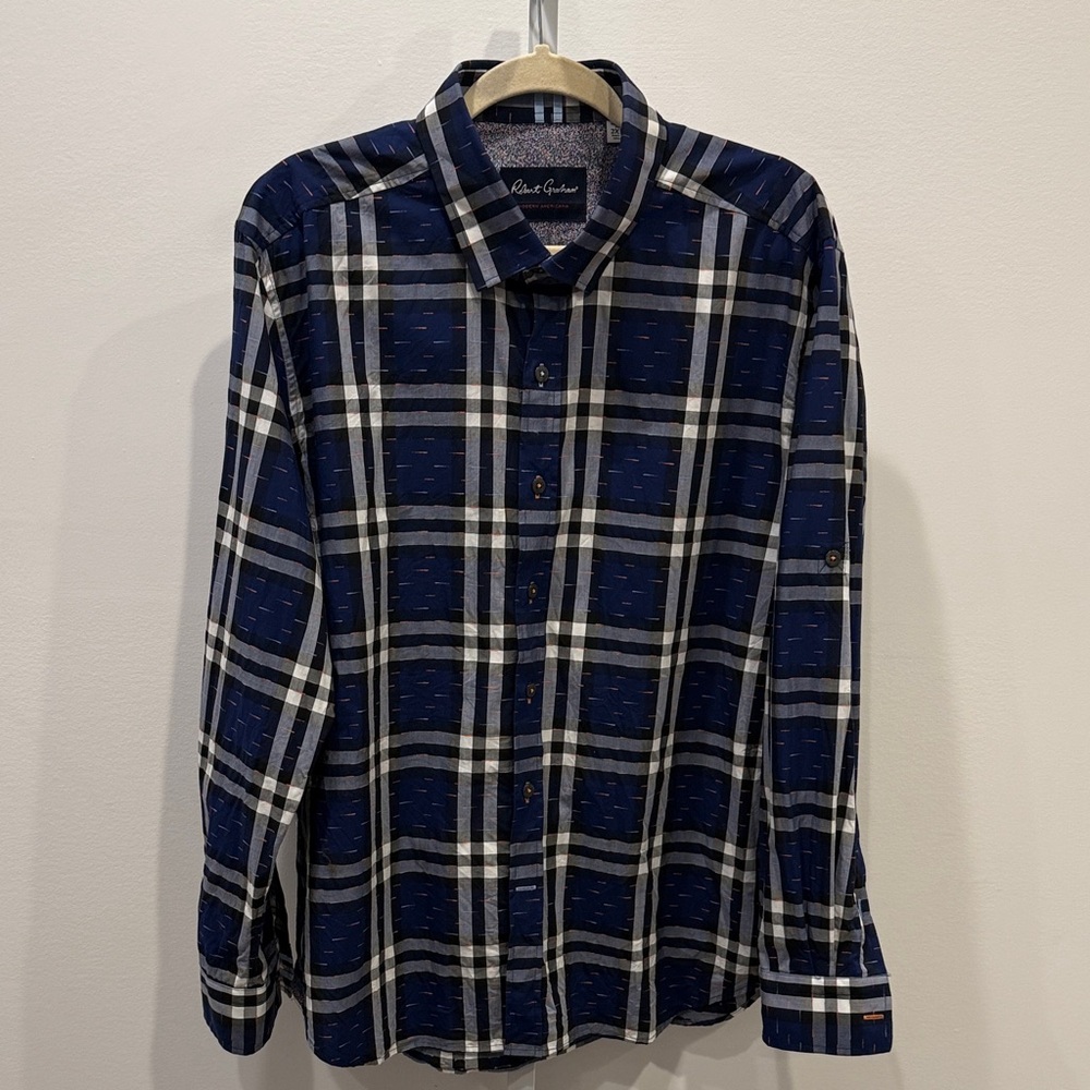 Robert Graham Navy White Plaid Button Down Shirt Size 2XL Cotton Tailored Fit